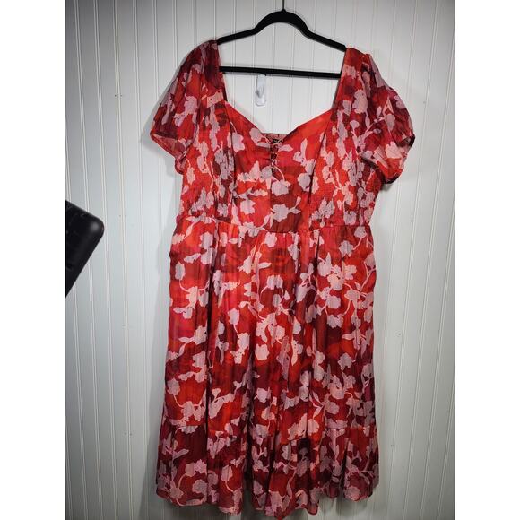 Torrid Midi Dress Size 4X Shady Rose Floral Sheer Overlay Smocked Sweetheart Tie - Picture 3 of 12
